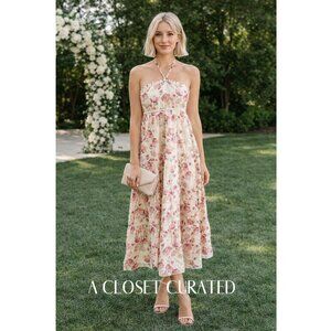 Athena Procopiou Floral Halter Midi Dress Large Pink NEW